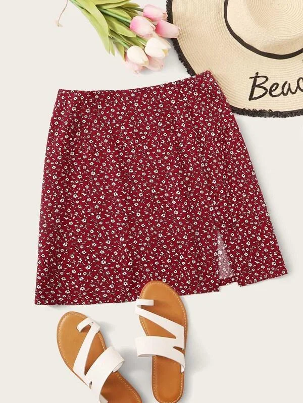 Slit Hem Ditsy Floral Print Skirt leather skirt sleek