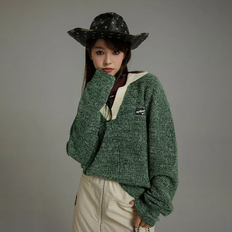 Noe Loose-Fit Open Collar Sweater Cable Knit Ribbed Knit Lace Knit