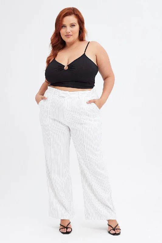 Stripe Wide Leg Pants High Rise Pin Seam Front Elegant High-Waist Pants