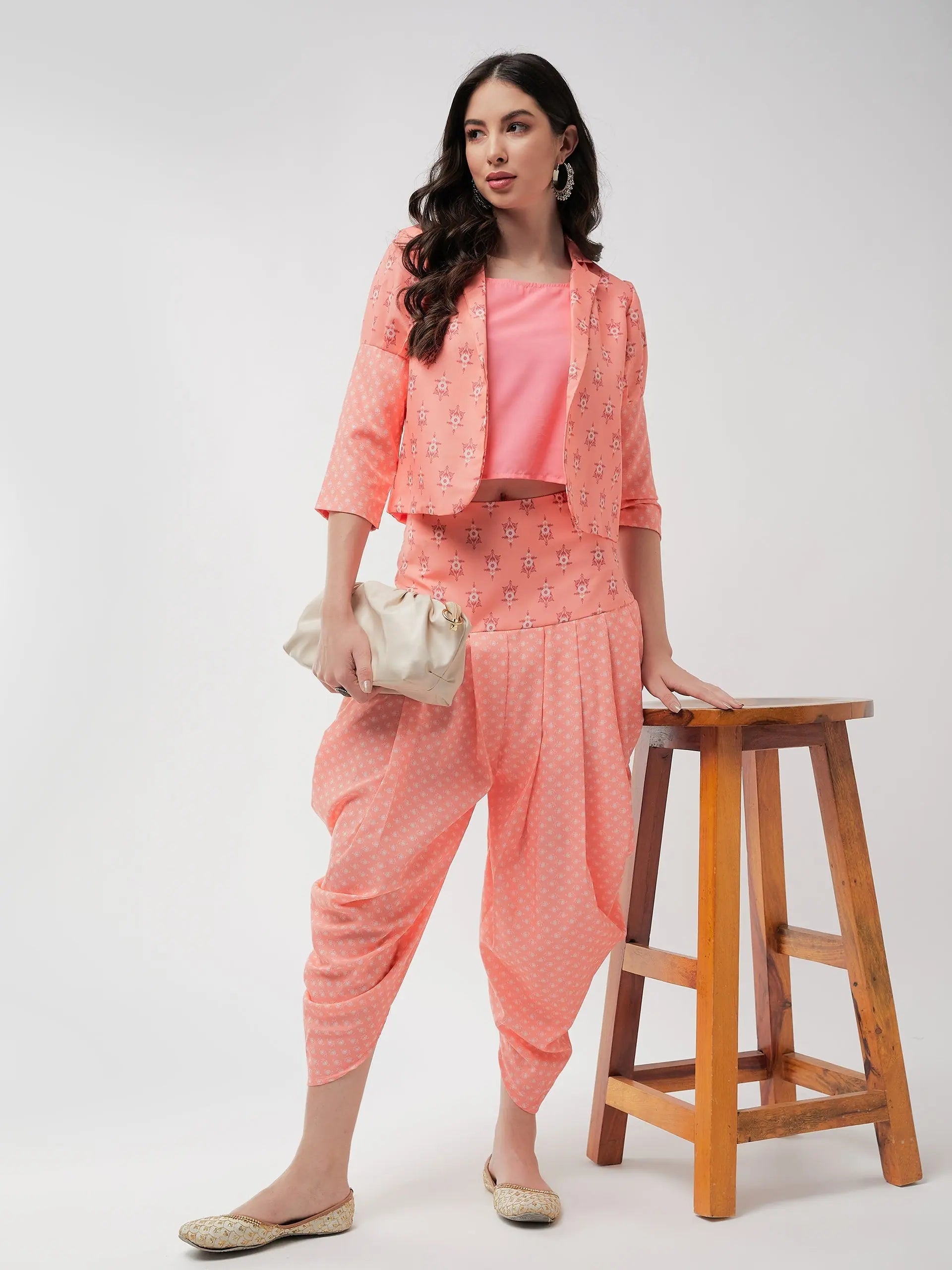 Jaipur Haat Leg 'O' Mutton Sleeves Jacket With Top And Dhoti Pant-PKC10104PNK-S Print Jacket Jacquard Jacket Patchwork Jacket