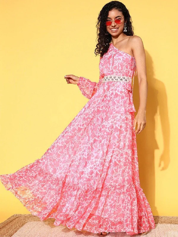 Inddus Floral Printed Fit & Flared Chiffon Maxi Ethnic Dress With Belt