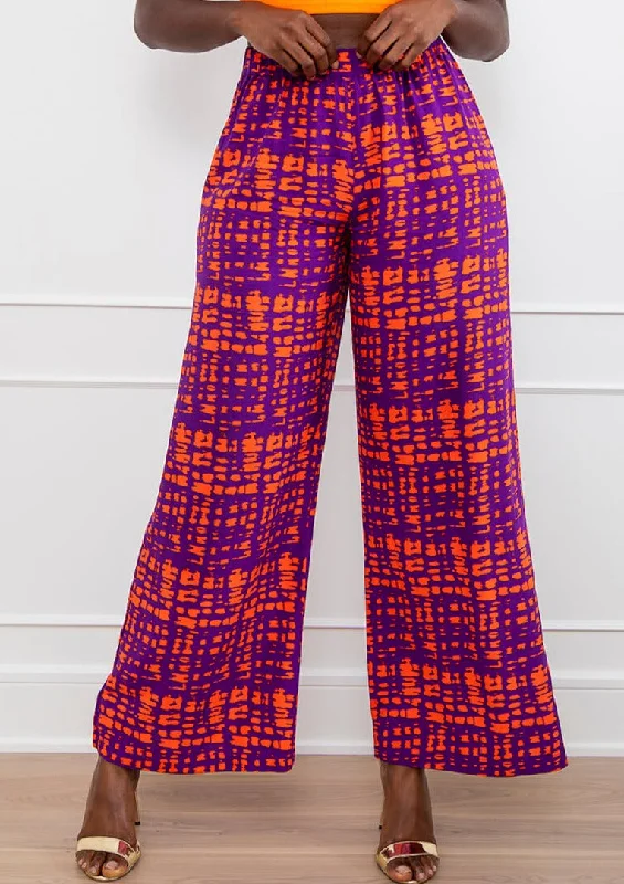 Sika Women's African Print Wide Leg Pants (Purple Tangerine Adire) - Clearance Cozy Knit Pants Sika Women's African Print Wide Leg Pants (Purple Tangerine Adire) - Clearance Cozy Knit Pants