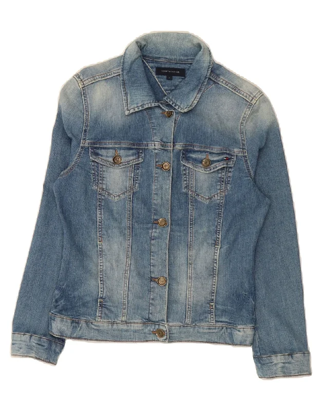 TOMMY HILFIGER Womens Denim Jacket US 10 Large Blue Cotton Denim Fabric Leather Fabric Suede Fabric