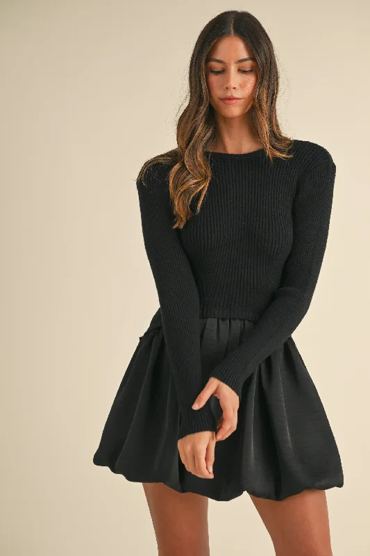 RIBBED SWEATER BUBBLE MINI DRESS Herringbone Houndstooth Plaid