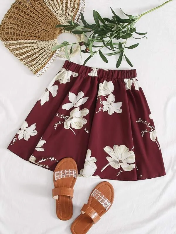 Floral Print Skater Skirt casual skirt length