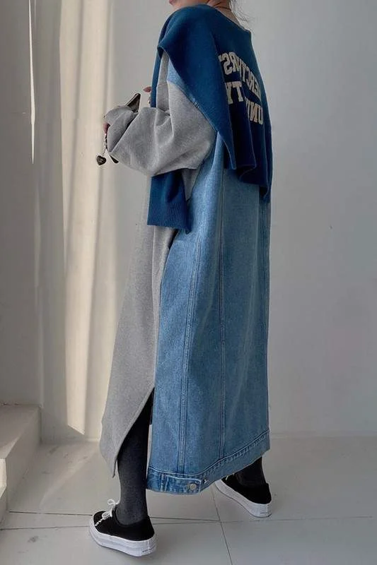 DENIM SWEATSHIRT LONG DRESS Hoodie with Batwing Sleeves Loose Dramatic