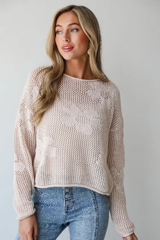 Darling Forecast Beige Floral Lightweight Knit Sweater Solid Print Embellished