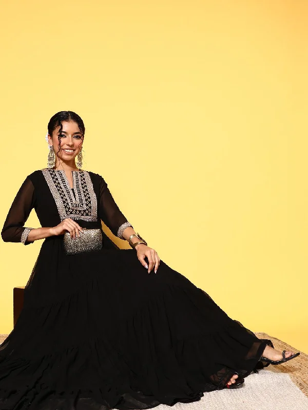 Inddus Black Embellished Embroidered Georgette Maxi Ethnic Dress