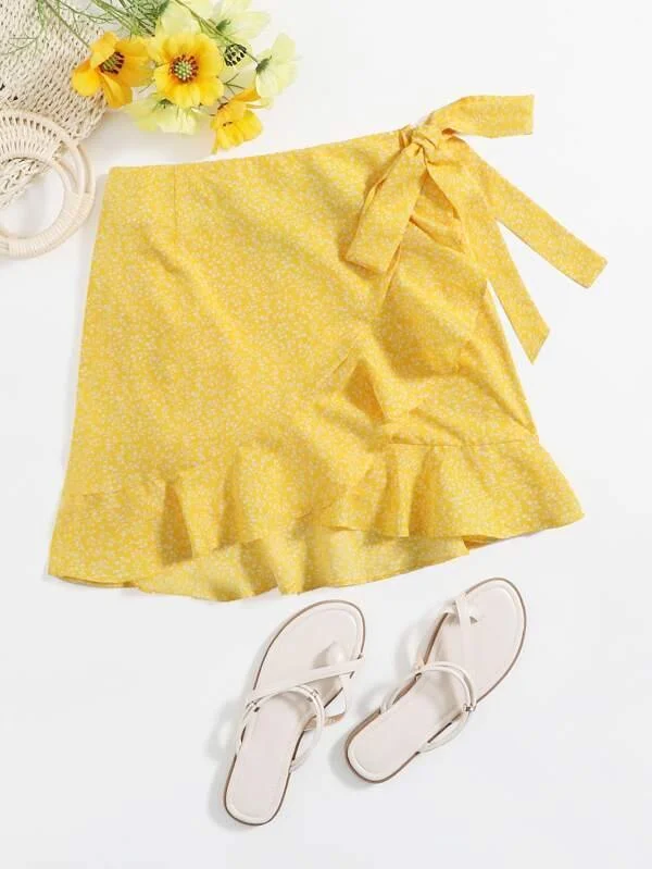 Ditsy Floral Wrap Tie Side Ruffle Hem Skirt linen skirt airy