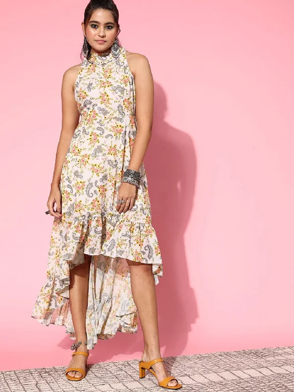 Inddus Printed Halter Neck Fit & Flared Ethnic Dresses