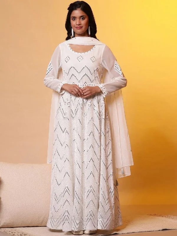 AURELIA Aurelia Mirror Detailed Embroidered Georgette Ethnic Dress with Dupatta