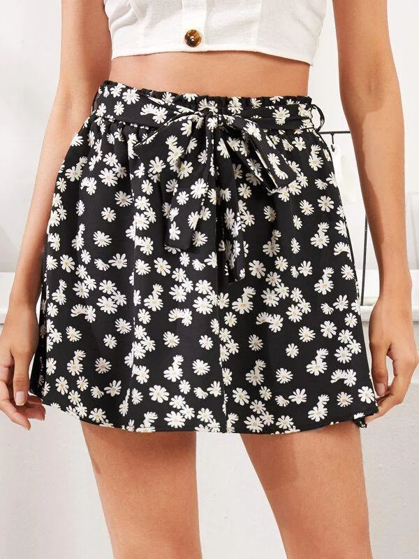 All Over Daisy Print Belted Skirt silk skirt smooth