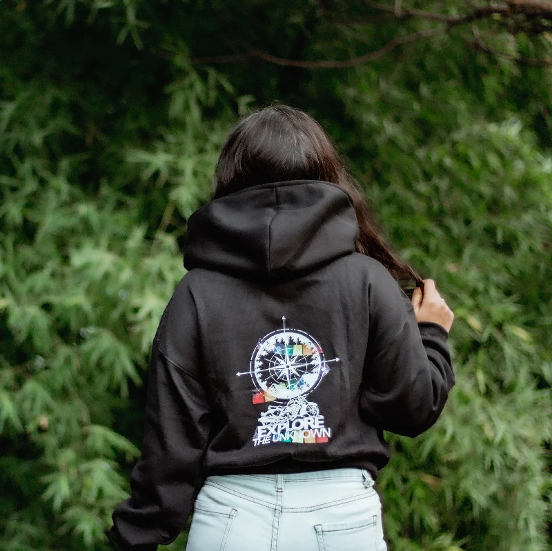 Explore the Unknown - Black Hoodie Hoodie with Cuffed Sleeves Snug Secure