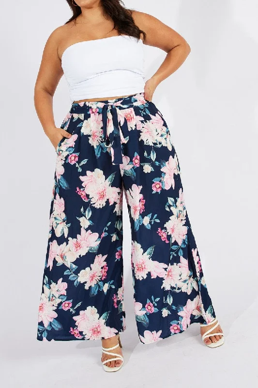 Blue Floral Wide Leg Pants Belted Casual Lounge Pants