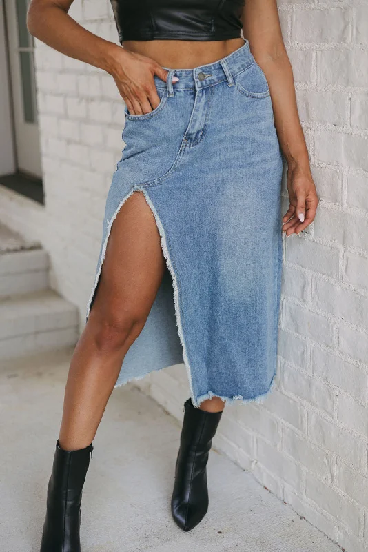KaleaBoutique Frayed Slit Asymmetric Denim Midi Skirt velvet skirt plush