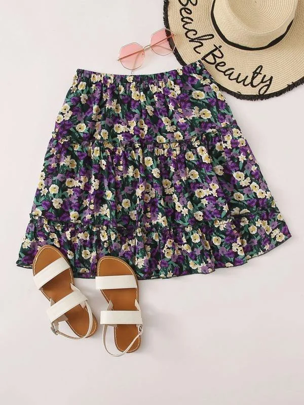 Allover Floral Frill Trim Skirt denim skirt stylish