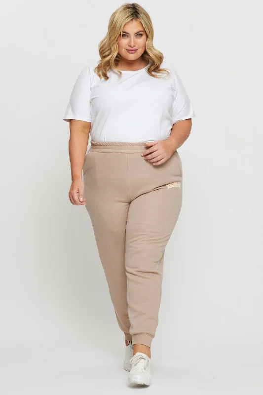 Beige Track Pants High Rise Elastic Waist Soft Stretch Leggings