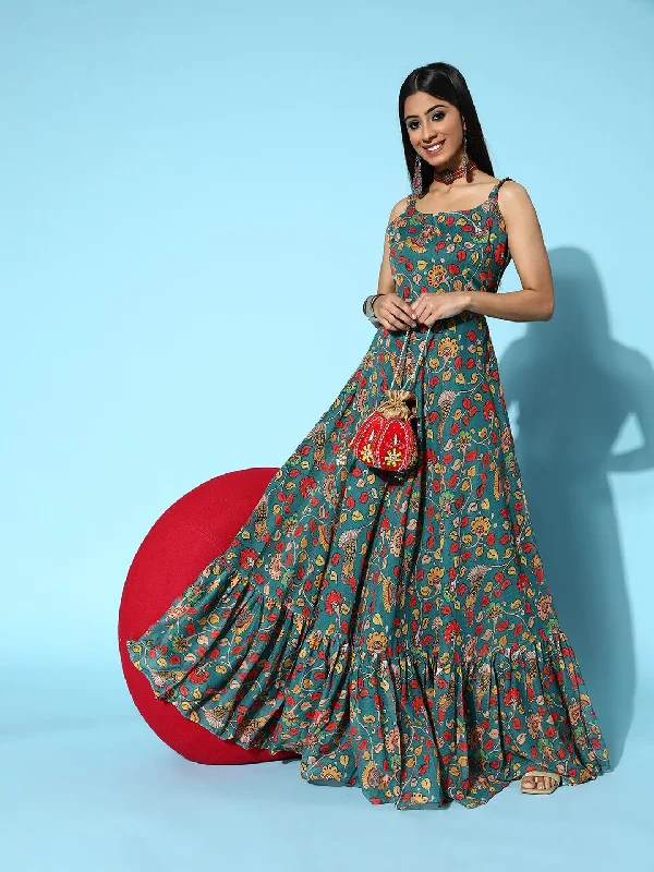 Inddus Women Green Ethnic Motifs Ethereal Embroidery Dress