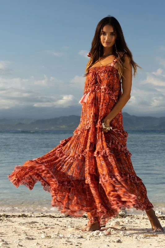 Leaf Print Dress - Designer Tropical - Vanessa Burnt Orange