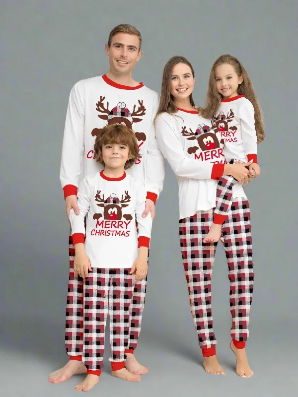 Family Matching Christmas Pajama Set - Plaid Pants with Adorable Reindeer Print in White & Red Stylish Casual Pants
