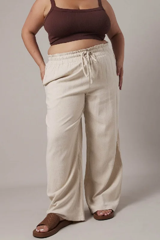 Beige Wideleg Pants Paperbag Elastic Waist Linen Blend Trendy High-Waist Trousers
