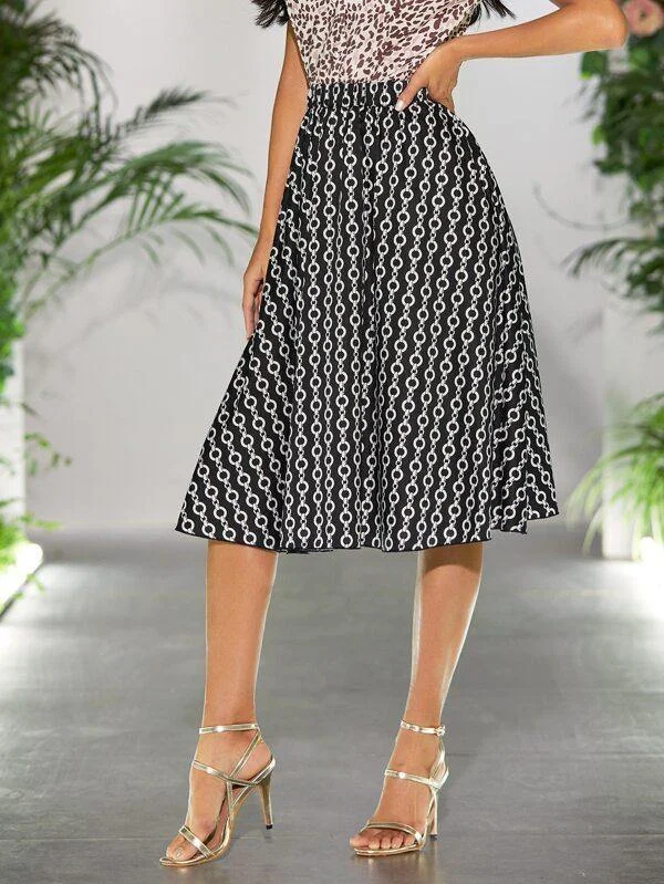 Chain Print Midi Flare Skirt linen skirt airy