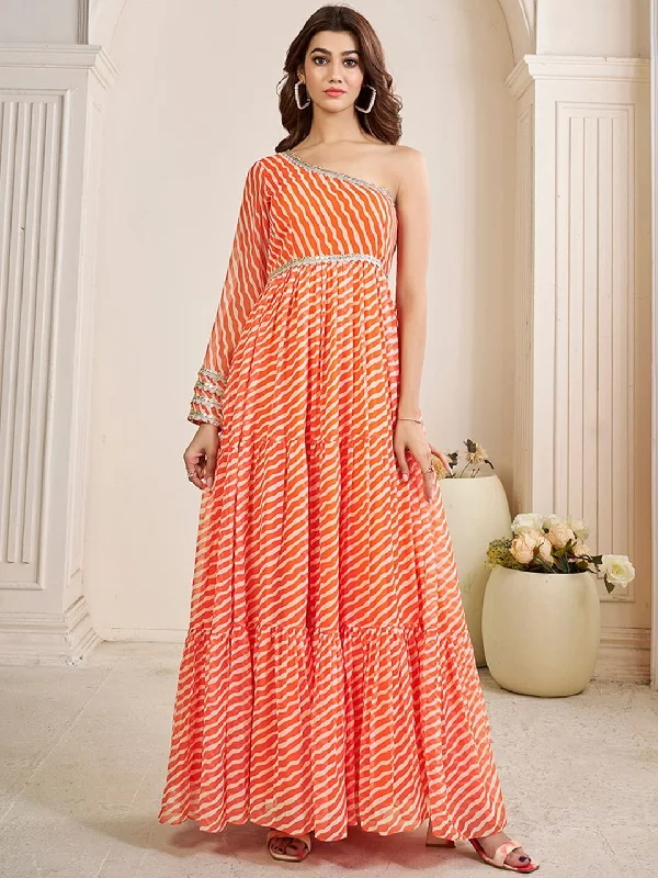 Inddus Striped Off Shoulder Maxi Ethnic Dress