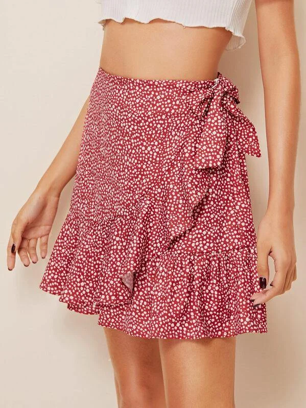 Dalmatian Print Ruffle Hem Knot Wrap Skirt cashmere skirt soft