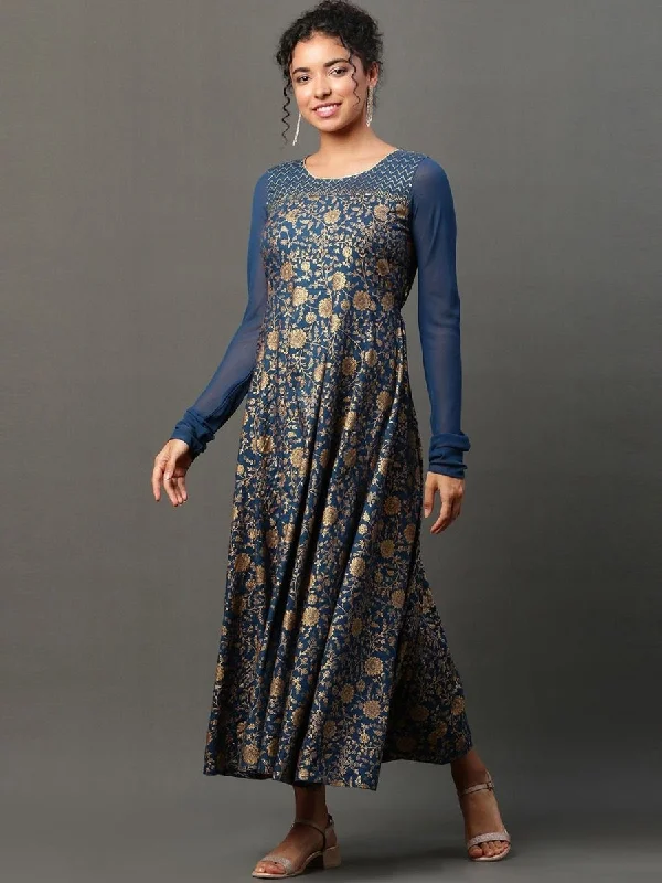 AURELIA Floral Printed Sequinned A-Line Ethnic Dress