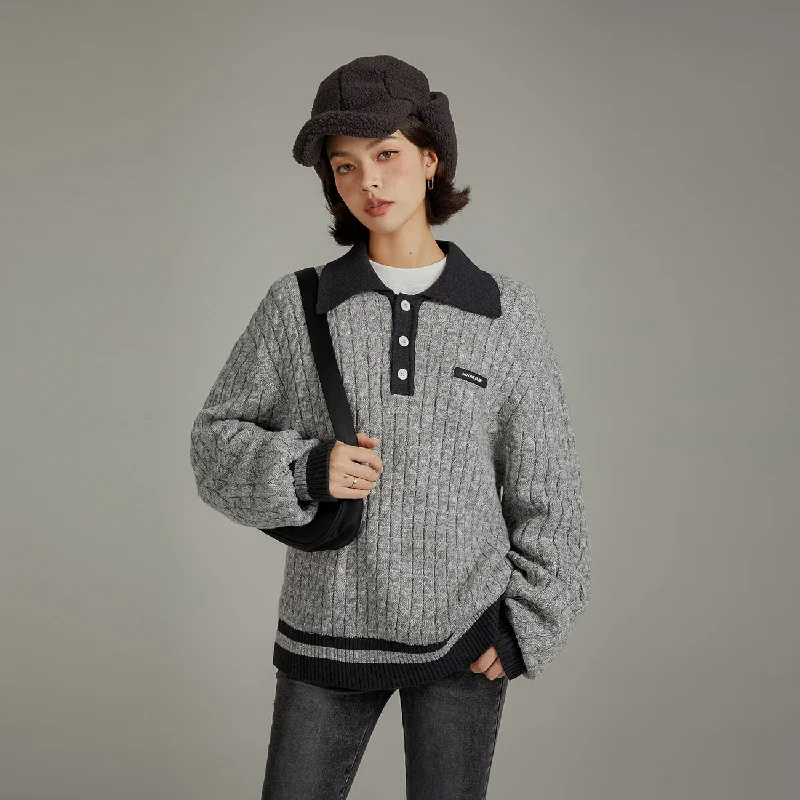 Polo Neck Twist Knit Sweater Toggled Drawstring Belted