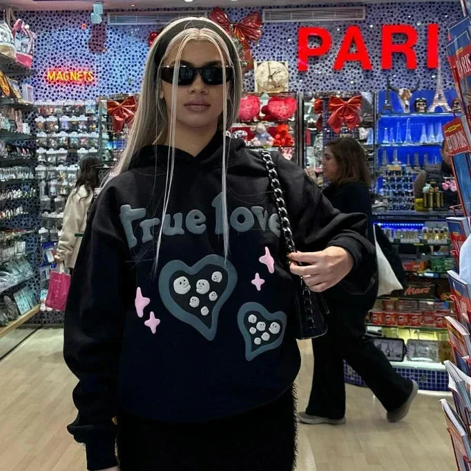 Advbridge Harajuku Hoodies Women Retro Y2k Oversize Zipper Letter Embroidery Sweatshirts Autumn Winter Clothes Women K Pop Clothes Anime Hoodie with Distressed Vintage Worn