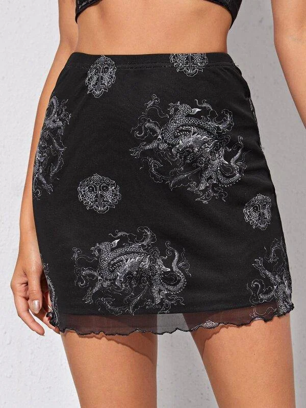 Lettuce Trim Dragon Print Mesh Skirt lace skirt intricate