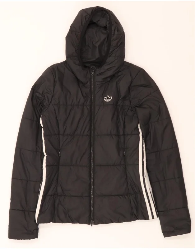 ADIDAS Womens Hooded Padded Jacket UK 6 XS Black Polyester Cotton Jacket Linen Jacket Terry Jacket