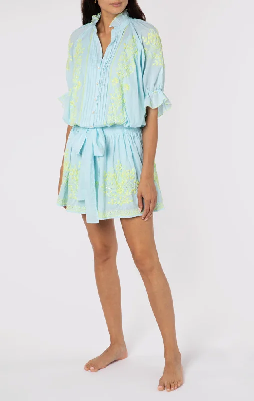 Blouson Dress With Contrast Lotus Embroidery With Slip Turq Pistachio