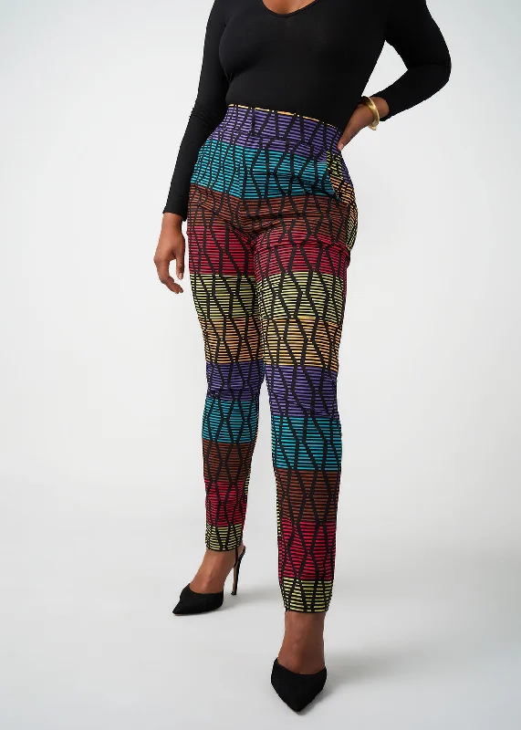 Talia Women's African Print Stretch Pants (Rainbow Diamond Stripes) Classic Pleated Pants Talia Women's African Print Stretch Pants (Rainbow Diamond Stripes) Classic Pleated Pants