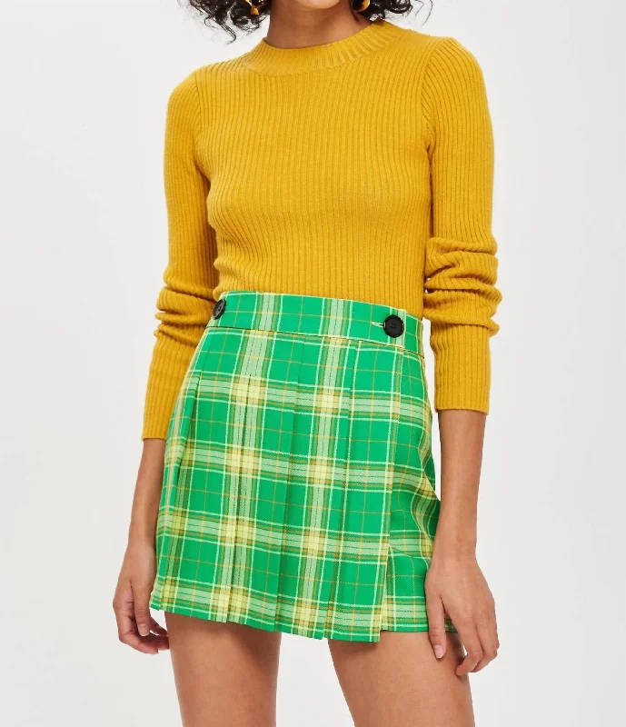 Tartan Pleated Wrap Mini Skirt In Green leather skirt sleek