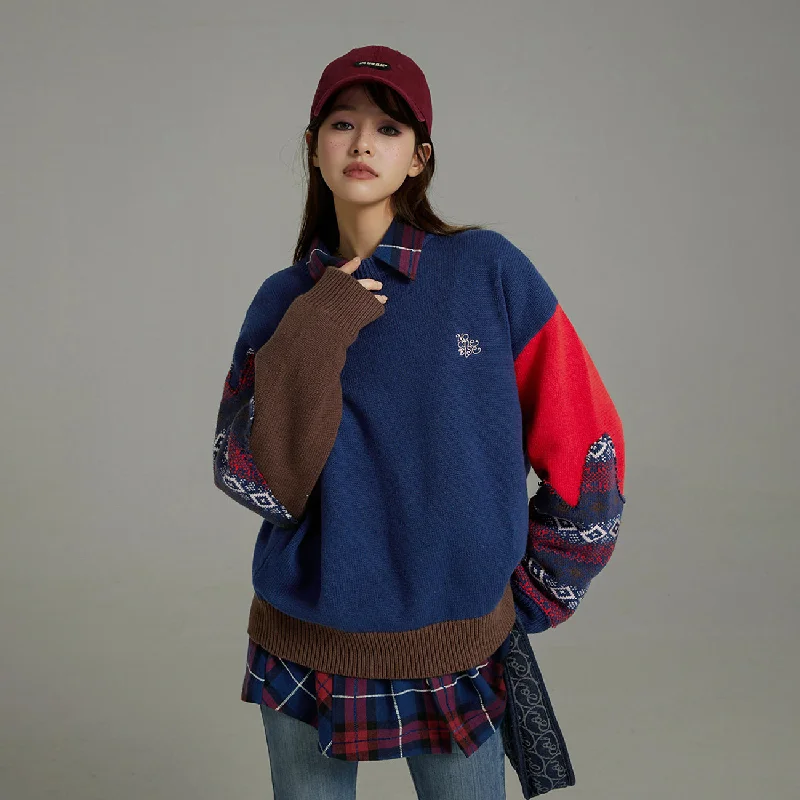 Two-Toned Loose-Fit Round Knit Sweater Cable Knit Ribbed Knit Lace Knit