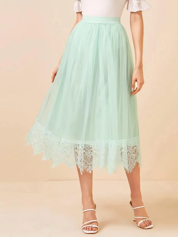 Elastic Waist Lace Hem Mesh Flare Skirt linen skirt natural