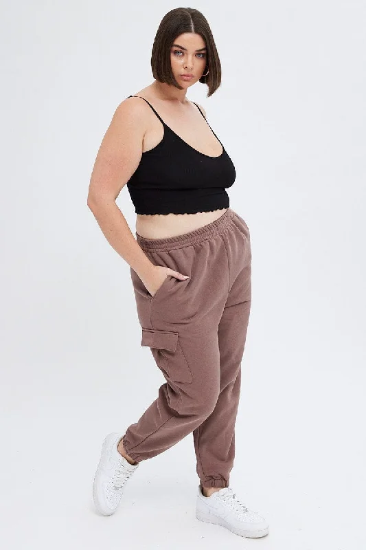Brown Cargo Pants Elastic Waist Pocket Track Style Formal Slim Pants