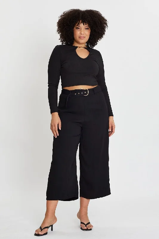 Black Wide Leg Pants High Rise Waist Tie Sleek Black Pants