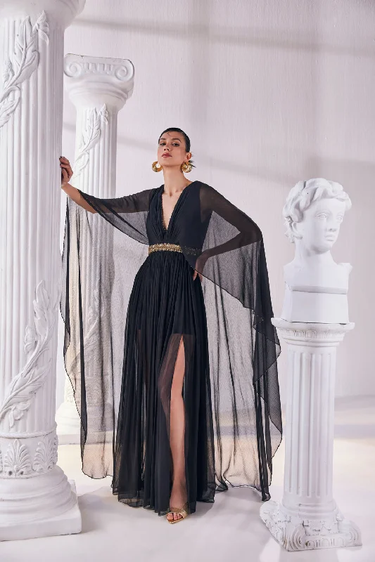 Black Chiffon Kaftan Dress Featuring An Emroidered Waistline. Boatneck Modish Everyday