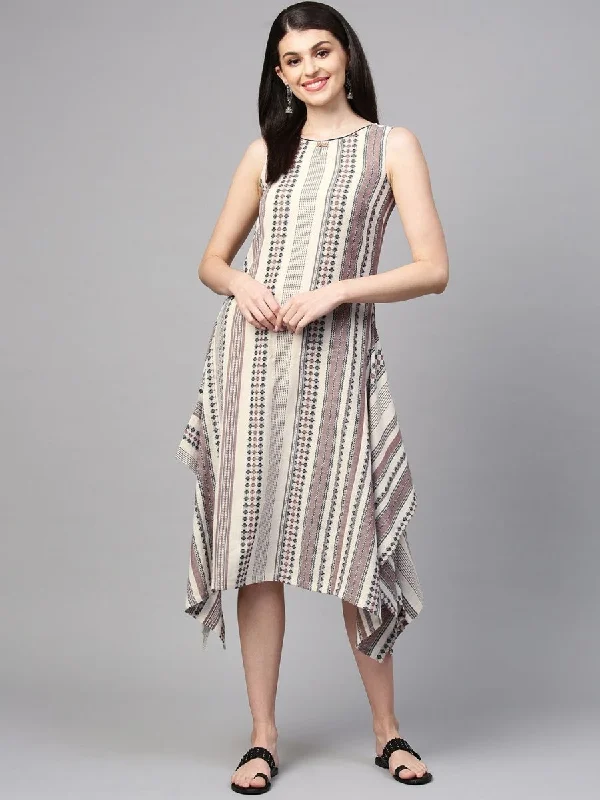 AURELIA Women Off-White & Black Self Striped A-Line Dress