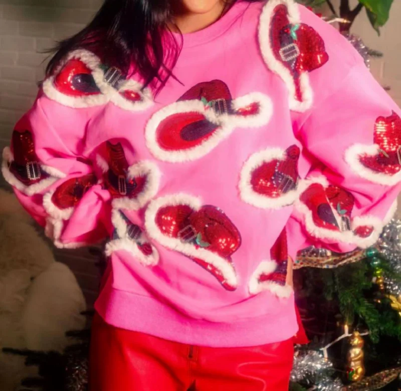 Xmas Cowboy Sweatshirt In Pink Hoodie with Batwing Sleeves Loose Dramatic