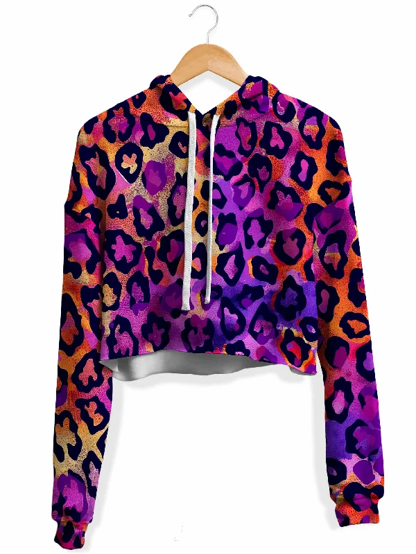 Neon Leopard Fleece Crop Hoodie Hoodie with Toggle Buttons Decorative Unique