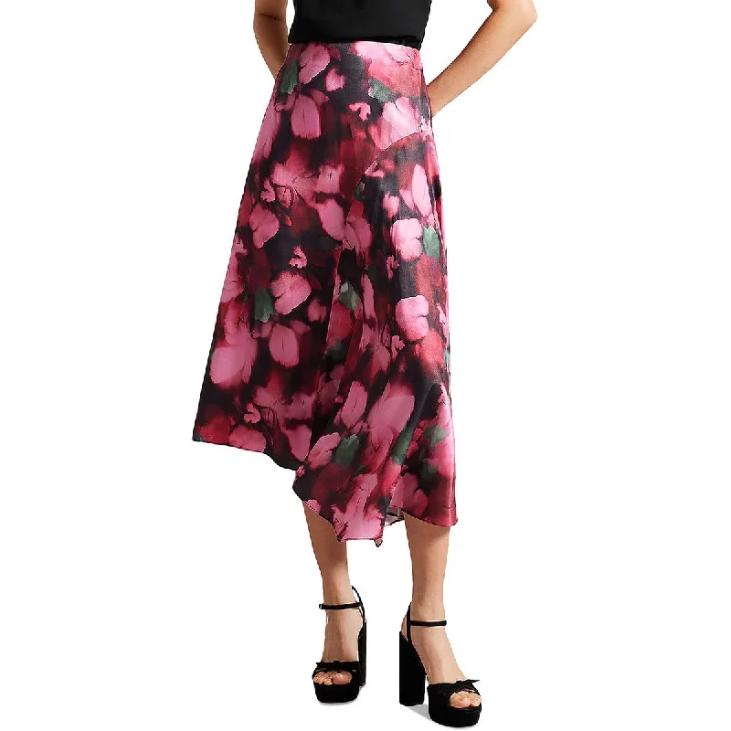 Lizziee Womens Hidden Zipper Floral Asymmetrical Skirt silk skirt luxurious