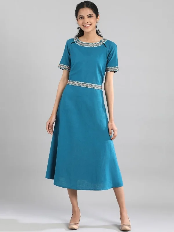AURELIA Women Blue Solid A-Line Dress