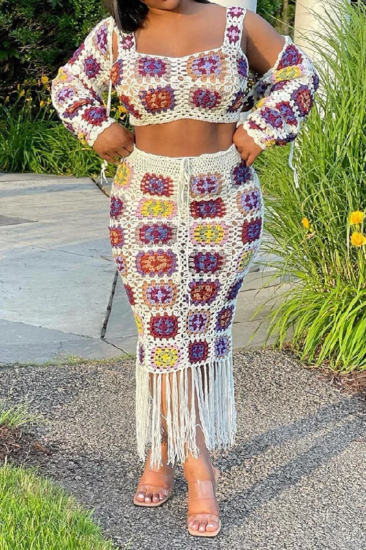 storexq Colorful Flower Pattern Bohemia Tassel Knitted Skirt velvet skirt glossy
