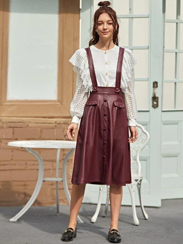 Flap Detail Button Front PU Leather Pinafore Skirt silk skirt elegant