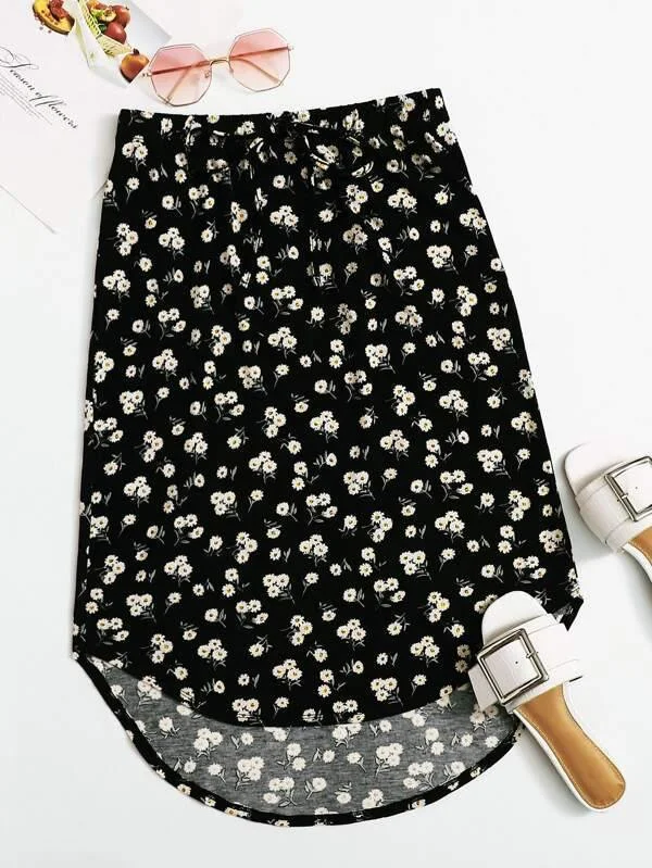 Ditsy Floral Print Dip Hem Skirt cashmere skirt soft
