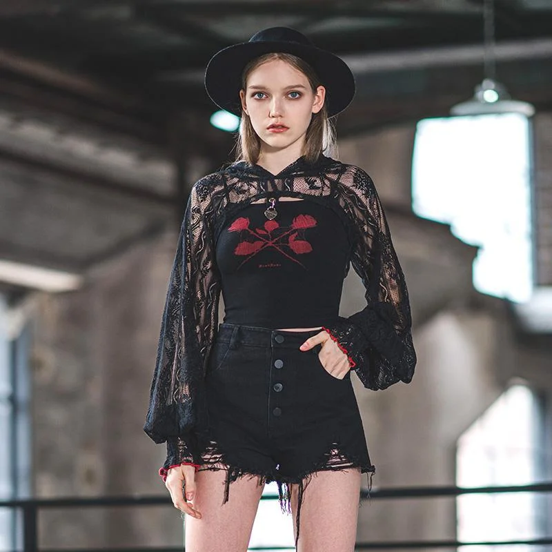 Women's Floral Lace Heart Lock Hooded Short Jackets Bomber Jacket Anorak Windbreaker